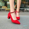 Dress Shoes Comfort Thick High Heels Ladies Work Flock Ankle Buckle Shallow Women Pumps Pointed Toe Pink Red Wedding Woman