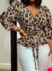 Celmia Women Elegant Blouse Summer Sexy V-Neck Leopard Print Tunic Shirt Belted Office Fashion Top Ruffles Blusas Femininas 220409