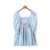 Bright Like Silk BLUE Floral Print Ball Gown Dress Puff Sleeve Retro Women Ruched Pleated Waist Mini Party Dresses Fairy 220511