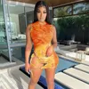 Summer Mesh Print Two Pieces Set Women Sleeveless Skinny Bodysuits+Bandage Skirt Party Clubwear Vacation Matching Outfits 220507