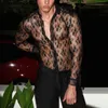 Erkek Casual Gömlek Erkekler Örgü Gömlek Seksi Uzun Kollu Yaka Düğme Bluz See Through Moda Streetwear Parti Gece Kulübü Camisas S-5XL INCERUN