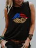 Canottiere da donna Camis Bandiera americana Labbra Canotta leopardata Giorno dell'indipendenza Camicia a maniche lunghe stile estivo alla moda Donna Moda Casual Vintage T