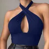 Yaz Kadın Strappy Haç Ön Kesme Halter Boyun Kolsuz Backless Kırpma Üst Katı Yelek Seksi Halter Tunics Tops G220414