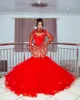 2022 بالإضافة إلى الحجم العربي Aso ebi Red Mermaid فساتين الحفلة الراقصة الفاخرة من البلورات الملبدة بالخرز في المساء الرسمي الحزب الثاني استقبال عيد ميلاد فستان Zj186