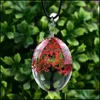 Hänghalsband hängsmycken smycken ovalt träd av liv glas för kvinnor torkade blommor prov läder kedja mode gåva 2954 Q2 droppavly