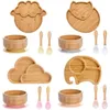 4pcs Childrens Tableware Suction Plate Bowl Baby Dishes Baby Feeding Dishes Spoon Fork Sets Bamboo Plate for Kids Tableware 220805
