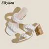 Eilyken verano tejido mujer zapatillas diapositivas punta abierta tacones bajos zapatos sandalia mujer ocio playa verde blanco chanclas