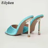 Eilyken Blue High Heel Slippers Summer Fashion Crystal Design Poined Toe Slides女性Mule Pumps Shoes Size 35 42