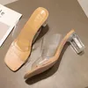 Hausschuhe 2022 Designer Rutschen Frauen 9 cm High Heels Transparente Maultiere Fetisch Sommer Weibliche Kristall Sandalen Dame Block Schuhe
