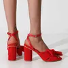 Vrouwen zomer geplooid nieuwe sandalen vrouwelijk gaasdoek blok hoge hakken schoenen dames elegante vlinder knoop naaien retro san 1e65