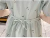 Лето с коротким рукавом платье для беременных моды цветочная вышивка талия беременная женщина хлопковое платье беременность j220628