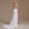 Sexy sirène robe de mariée avec haut côté fendu Satin col en v Spaghetti sangle pli formelle femmes robe de soirée de mariage CPS1992