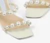 Summer Lxuxry Brands Amara Sandals Shoes For Women Nappa Leather Mules with Pearl Strappy Block Heels Comfort Fashion Slipper