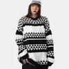 2021 Korean Fashion Stylish Plaid Men Oversize Knitted Sweater Round Neck Casual Couples Knitwear Women Kpop Pullover Pull Homme T220730