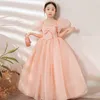 Dentelle rose mignonne petite enfant fille fleur fille robes pour mariage princesse bijou col tulle applique gonflé floral portefeuille vêtements de fête