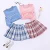 Kinderkleidung, koreanisches Langarm-Pullover-Oberteil + plissierter karierter Rock-Set, Teenager-Mädchen, 10, 12, 14 Jahre, Outfits 220326