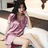 فستان نوم من الحرير للنساء Paiamas Paiamas Lace Trim Liegown Summer Satin Sleepwear Short Sleeve Nightdress Female Lough Home Dress Dress