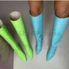Femmes bottes Fluorescent vert pierre bout pointu sans lacet genou haute Sexy dames talons aiguilles chaussures longue botte 0719