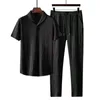 2 Pcs Ensemble D'été Hommes Costume Ceinture Élastique Plissée Tenue Décontractée Hommes D'affaires À Manches Courtes Chemises Pantalon Long Ensemble Homme Vêtements 220718