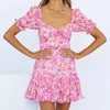 Mini robe d'été à fleurs rose pour femmes, style Boho, col en v, manches courtes, ourlet à volants, sexy, robe de soirée, 2, moulante