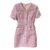 2022 Autumn Round Neck Tweed Panelled Dress Pink Solid Color Short Sleeve Pockets Short Single-Breasted Casual Dresses 6288309363356227