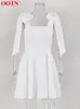 Ootn Summer Semester Style White Dress Cotton Linen Strap Lace Up Mini Dress Women Square Neck High midje ärmlös Casual Dress 220511