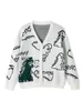 여자 니트 가디건 스웨터 만화 공룡 인쇄 긴 소매 버튼 다운 니트웨어