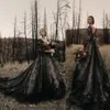 2022 Gothic Black Vintage Vestidos Vestidos A Linha V Pescoço Lace Appliques Tulle Ilusão Backless Sweep Train Plus Size formal vestidos de noiva dd