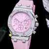 Data 37 mm 26231 Miyota Quartz Chronograph Watch Watch Pink Teksturowa Pokrętło Stopwatch Rose Gold Case Diamond Bezel Gumel Pasek Fashi256f