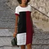 カジュアルドレス夏のトレンドファッションラウンドネック格子縞のプリント対照的な色パッチワーク半袖ベーシックミディドレスロパデミェルカス