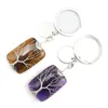 Porte-clés arbre de vie fait à la main, rectangulaire, pierre naturelle, cristal de guérison, Quartz, porte-clés