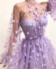 파티 드레스 3D 꽃 레이스 아플리크 무도회 도착 라이트 보라색 긴 슬리브 툴리 사이드 스플릿 가운 하이 목