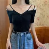 Summer off axel V Neck Kinted Woman Tshirts Korean Fashion Black Thin Soild Basic Women's Tshirt Short Tee Shirt Femme Top 220816