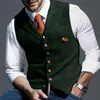 Men's T-Shirts Business Mens Suit Vest Lapel V Neck Wool Plaid Casual Brown Waistcoat Formal Groomsman Jacket For Wedding Clothing MY395