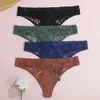 Kisswife 3st/Set New Ladies Sexy Lace Patchwork Cutout Thong Ice Silk Underwear Seamless Low Midje Cotton Comfort Trosor L220801