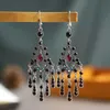 Dangle & Chandelier Bohemian Women's Red Rhinestone Tassel Wedding Earrings Retro Ethnic Geometric Rhombus Hollow Crystal Earring Jhumka