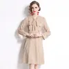 L￤ssige Kleider Simgent Khaki Lace Kleid Frauen Herbst Langarmkn￶pfe eine Linie elegante Knie L￤nge Mode 2022 Robe Femme SG2883Casual
