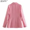 Zevity mujeres Vintage verde rosa Houndstooth Plaid estampado Blazer abrigo Oficina señoras doble botonadura prendas de vestir exteriores Chic Slim Tops CT726 220402