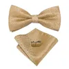 Fashion Gold Business Wedding Bowties For Men Broche Pocket Square Cufflinks Set Silk Bow Tie NecTie