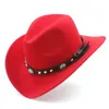 Basker kvinnor män ull ihålig västerländsk cowboy hatt roll-up bred grim filt cowgirl jazz gudfar sombrero cap storlek 56-58 cm punk läderberets b b