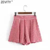 Zevity Femmes Mode Rouge Plaid Imprimer Plissée Bermuda Jupes Shorts Femme Chic Side Zipper Casual Pantalone Cortos P1090 210603