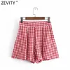 Zevity Women Fashion Red Plaid Print Pleated Bermuda Skirts Shorts Female Chic Side Zipper Casual Pantalone Cortos P1090 210603