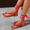 Woman Sandals Ankle Strap Flats Leopard Lace Up Clip Toe Female Shoes Cross Tie Ladies Casual Bohemian 2021 Summer Plus Size Y0721221T