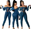 Kadın Tulumları Tulumlar 2022 Kadın Mavi Seksi Kapalı Omuz Strappy Denim Tulum Uzun Kollu Tulum Parti Kulübü Bodysuit Tek Parça Outf