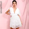 LOVE & LEMONADE Sexy White Mesh Deep V-neck Stacked Ruffled Puff Open Back Mini Party Dress LM82389 220507