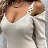 Casual Dresses Women Deep V Neck Long Sleeve Off Axel Metal Straps Ribbed Dress Xxxlcasual