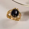 Bröllopsringar Valily Fashion Black Agate Stone Ring rostfritt stål Klassiskt Tiger Eye for Women Man -inställning för hand Jewelrywedding Edwi22