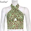 Forefair Femmes Vert Sexy Halter Cou Débardeur D'été Dos Nu Épaule Évider Imprimer Crop Top Vintage Mode 2021 G220414