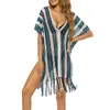 Kvinnors badkläder Kvinnor Cover-Ups Beach Dress med TASSEL randigt Loose Mesh Sheer Deep V Neck Badwears Bathing Suit Beachwear Cover-up Summ