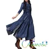 Casual Dresses Spring Vintage Elegant Printed Irregular Denim Asymmetric Pleated Women Retro Mid-sleeved Ruffle Maxi Long DressCasual